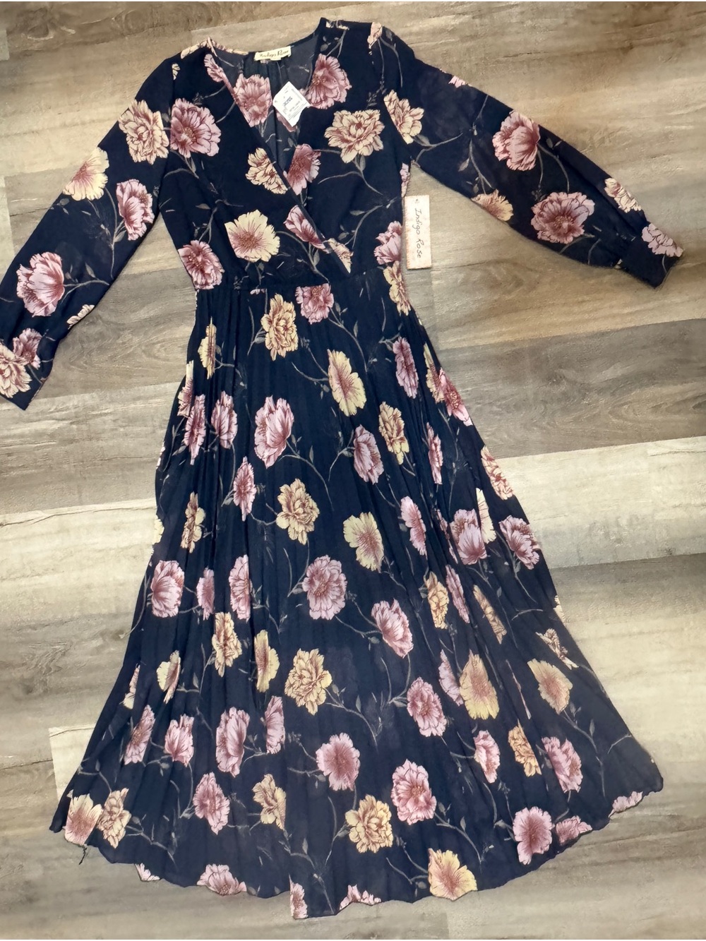 Navy Floral Maxi Dress with Pink and Cream Blooms